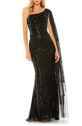 Mac Duggal Womens Sequin One-Shoulder Evening Gown with Sheer Cape Sleeve in Black at Nordstrom, Size 10