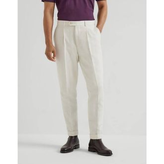 Brunello Cucinelli Mens English White Cotton Linen Trousers, Size 52