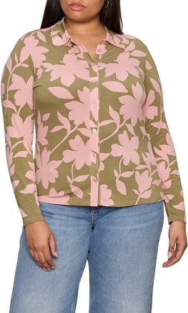 Sanctuary Dreamer Floral Knit Button-Up Shirt in Pink Silhouette at Nordstrom, Size 3 X