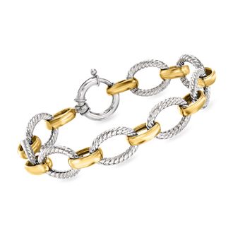 Ross-Simons Sterling Silver and 18kt Gold Over Sterling Twisted Oval-Link Bracelet