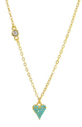 Savvy Cie Jewels GOLD PLATED OVER STERLING SILVER.925 TURQUOISE PAVE HEART PENDANT WHITE CZ ACCENT NECKLACE