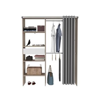 Concept Usine Vestidor con cortina 4 estanter&iacute;as 2 armarios y un caj&oacute;n de madera y b