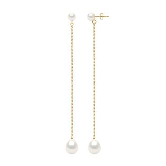 Ateliers Saint Germain Womens Double Earrings Yellow Gold - Real Cultured Freshwater Pearls Button 5-6 mm + Pear 8-9 mm - One Size