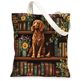 Generic Spring Irish Setter Dog Canvas Tote Bag for Shopping 13x15, Flower Bookshelf Puppy Reusable Grocery Print Bag for Women, Fun Pet Beach Aesthetic Paint