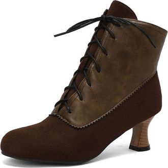 Generic Womens Vintage Round Toe Lace Up Ankle Boots Mid Kitten Heels PU Leather Side Zip Comfortable Non Slip For Retro Party Cosplay Daily Wear,Brown,9.5 UK