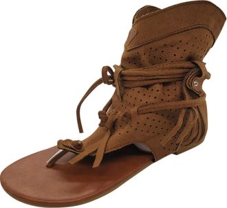 Generic Summer Ladies Sandals Retro womens Summer Hollow Casual Bottom Fashion Flat Tassel Toe Womens sandals Arch Support for Women (Brown, 4.5)