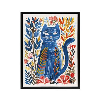Artery8 Russian Blue Cat Lover Folk Art Framed Canvas Wall Art Print | Size: W24 x H32