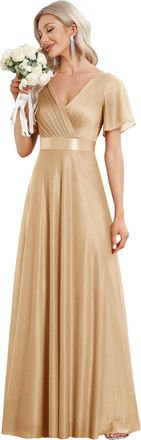 Ever-pretty Womens Double V-Neck Short Flutter Sleeves Empire Waist Elegant Chiffon Long Evening Dresses Gold 12