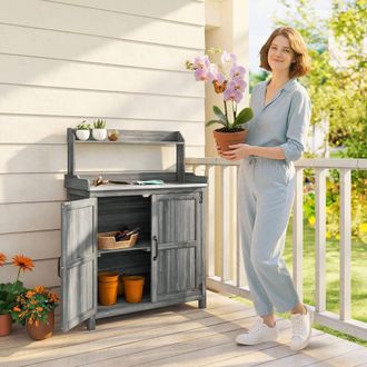 OUTSUNNY Wooden Potting Bench Table with Aluminium Worktop & Top Shelf in Grey