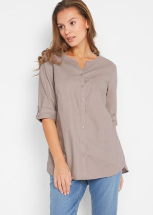 Bonprix Langarmbluse BONPRIX Bluse mit Leinen, 3/4 Arm, Damen, Gr. 38, grau (naturstein), Obermaterial: 55% Leinen, 45% Baumwolle, regular fit, Blusen Langarm