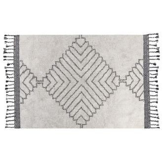 Beliani Alfombra De Algod&oacute;n Blanco Negro 140 X 200 Cm Hecho A Mano Geom&eacute;trico Borlas Eray