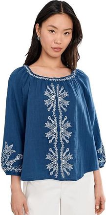 Liverpool L.A. Petite 3/4 Sleeve Woven Top With Embroidery Womens Clothing Liberty Blue : PXL, Cotton/Denim
