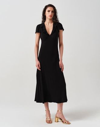 Ghost London Kimmy Frill Neck Crepe Midi Dress in Black at Nordstrom, Size 12