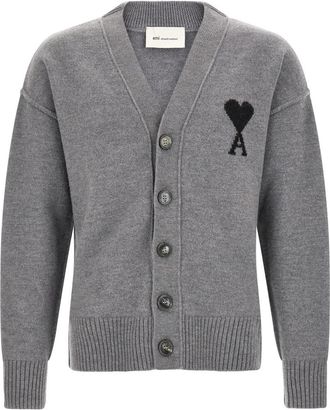 Ami Grey Logo V Neck Cardigan