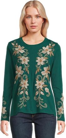 Johnny Was Raw Seam Crew Neck T-Shirts - Corinthe Womens Clothing Botanical Garden : SM, Cotton