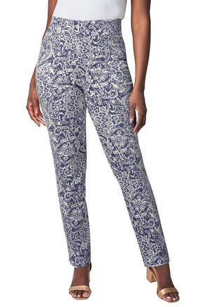 Jessica London Comfort Waist Stretch Denim Straight Leg Jean in Deep Dusk Scroll at Nordstrom, Size 28