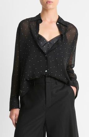 Vince Pin Dot Sheer Silk Button-Up Shirt & Lace Trim Camisole in Black/grey at Nordstrom Rack, Size X-Small