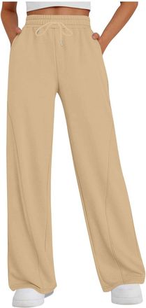 Generic Trousers for Women UK Elastic Waist Casual Trouser with Drawstring Wide Straight Legs Jogging Sweatpant Solid Colour Ladys Leisure Pants Classic Fit H