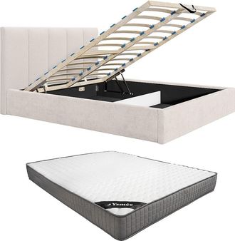 Vente-Unique Canap&eacute; abatible 160 x 200 cm con cabecero con costuras verticales - Tela - Beige - Con colch&oacute;n - KILACLO