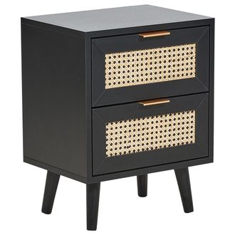 Beliani Beliani - Mesa De Noche 2 Cajones Rat&aacute;n Frontal Mdf Patas Madera De Caucho Negro Mesilla De Noche Estilo Boho Dormitorio Boho Opoco