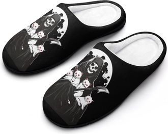 Generic Grim Reaper Skull Cat Cotton Womens Slip-on Slippers Winter Warm House Shoes with Rubber Sole for Home Office Hotel