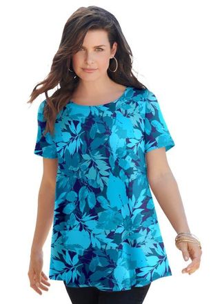 Roaman's Plus Size Ultimate Cotton Crewneck Short Sleeve Swing Tee in Navy Layered Leaves at Nordstrom, Size Small