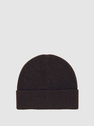Reiss Chocolate Brown Merino Wool Rib-knit Beanie