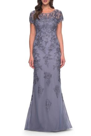 La Femme Lace and Net Fitted Long Mother of the Bride Dress in Dusty Purple at Nordstrom, Size 12