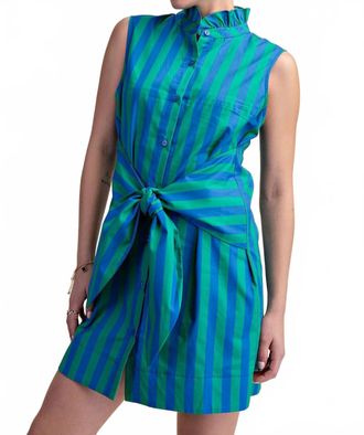 Glam Ruffle Neck Waist Tie Stripe Mini Dress In Green/blue