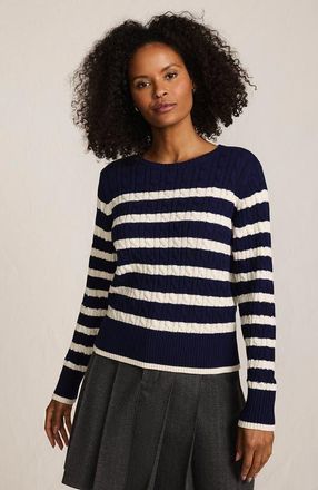Lands End Drifter Modern Cable Crew Sweater in Deep Sea Navy/ivory Stripe at Nordstrom, Size X-Small P