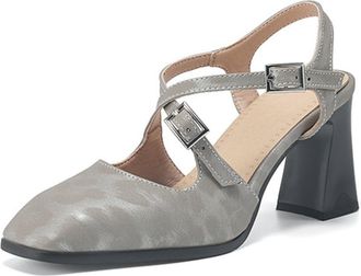 Generic Womens Square Toe Slingback Pumps Chunky Heel Double Ankle Strap Jacquard Fabric Cushioned Insole Comfortable Retro Style Dress Shoes for Daily Wear,G