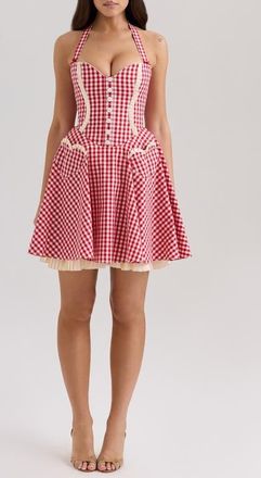House of CB Heidi Fit & Flare Gingham Halter Minidress in Gingham Savvy Red White Smoke at Nordstrom, Size X-Small A