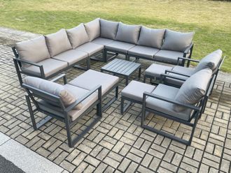 Fimous 13 Seater Outdoor Garden Furniture Set Aluminium Lounge Corner Sofa Square Coffee Table 3 Pcs Chair Sets with 3 Footstools in Dark Grey