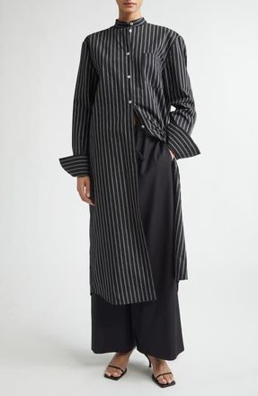 Toteme Stripe Long Sleeve Cotton Blend Tunic Shirtdress in Black/White at Nordstrom, Size 10 Us