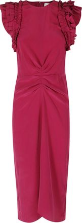 Isabel Marant Fuchsia Teriany GD Ruffled-Sleeve Fitted Silk Midi Dress
