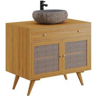 Vente-Unique Mobili da bagno 90 cm con lavabo in Pietra in Teak Chiaro e Paglia - MANSULAN