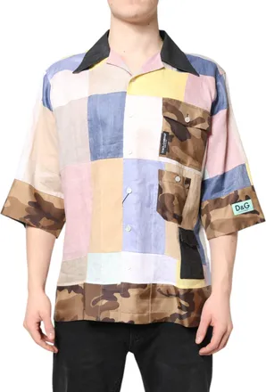 Dolce & Gabbana Mens Multicolor Patchwork Short Sleeve Shirt Flax Silk Ramie Virgin Wool