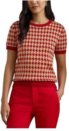 Lauren Ralph Lauren Houndstooth Short Sleeve Sweater Womens Clothing Red/Tan : LG, Cotton/Viscose