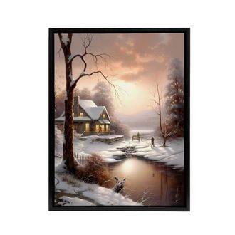 Artery8 Winter Cottage Snowy Landscape at Sunset Framed Canvas Wall Art Print in Brown | Size: W24 x H32