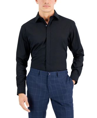 Alfani Dress Shirt Mens Black Regular Fit Long Sleeve Button-Up Formal FTS325