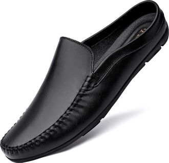 Generic Mens Loafers Mule Loafer Genuine Leather Stitching Details Round Toe Slip Resistant Flexible Comfortable Party Fashion Slip-on(Black,7.5 UK)