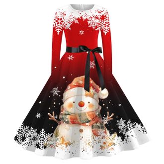 Generic Christmas Dress Women UK Xmas Santa Reindeer Snowflake Christmas Tree Printed A Line Dresses Long Sleeve Cocktail Girl Party Knee Length Dresses O Nec