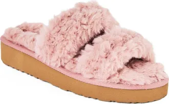Minnetonka Teddy Faux Fur Two Band Slipper in Blush at Nordstrom, Size 11