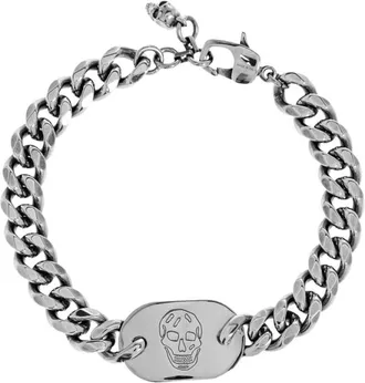 Alexander McQueen Accessoires, Heren, Grijs, ONE Size, Schedel Gegraveerde Ketting Hanger