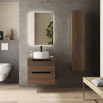 Cygnus Bath Mueble De Ba&ntilde;o Leni 60cm Nogal 2 Cajones Lavabo Sobre Encimera 1 Poza Porcelana