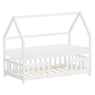 ML Design Ml-design Cama Infantil 80x160cm Blanco, Con Colch&oacute;n, Protecci&oacute;n Antica&iacute;da, Techo Y Somier, Listones De Madera De Maciza De Pino Lecho Montessori Form