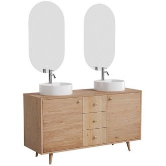Vente-Unique Mobile bagno in rovere massello con lavabo da appoggio rotondo, specchio e rubinetto Naturale chiaro 145 cm - ZARENO