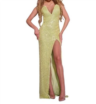 Jovani Sparkling Strapless Gown With Deep V Neck In Pale Green