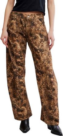 Free People We The Free Fable Snakeskin Print Low Rise Arced Wide Leg Jeans in Chocolate Brown Comb at Nordstrom, Size 29