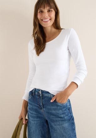 Cecil Langarmshirt CECIL Style Pia, Damen, Gr. XXL (46), wei&szlig;, Jersey, Obermaterial: 100% Baumwolle, unifarben, regular fit normal, Rundhals, gerader Abschl